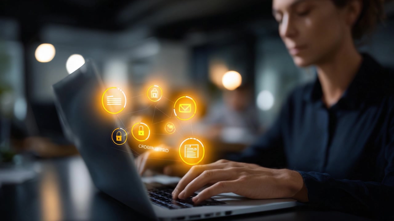 Focused Professional Using Laptop With Digital Icons Representing Communication and Security While Working in a Modern Office Environment