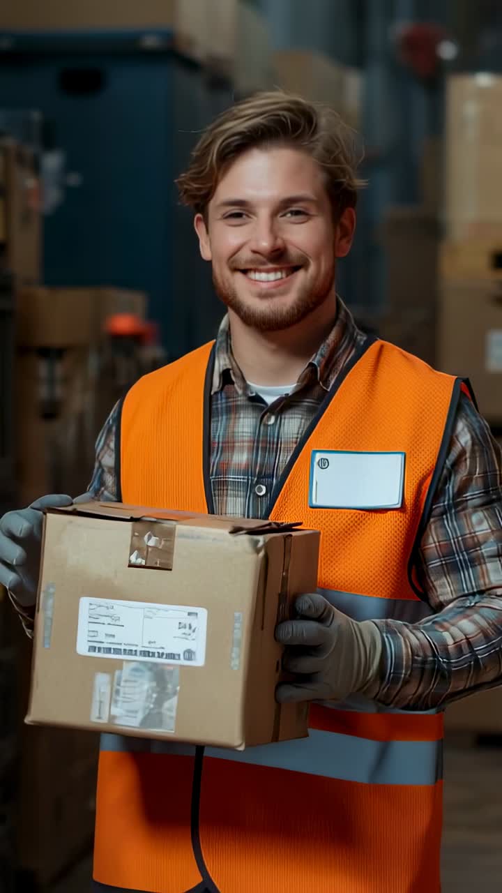 Vertical video: Lowering gaze, worker gripping box and reading label for shipping in depot, in vest
