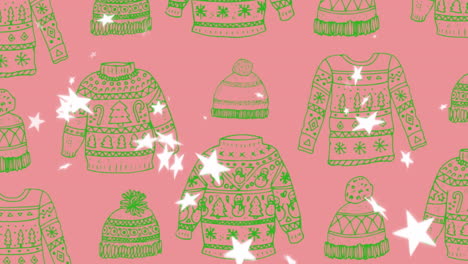 animation of christmas jumper pattern over falling stars on pink background