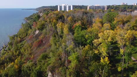 飞过斯卡伯勒悬崖 (scarborough bluffs) 位于安大略湖海岸线附近的吉尔德伍德旅馆 (guildwood inn) 的彩色树木斜坡