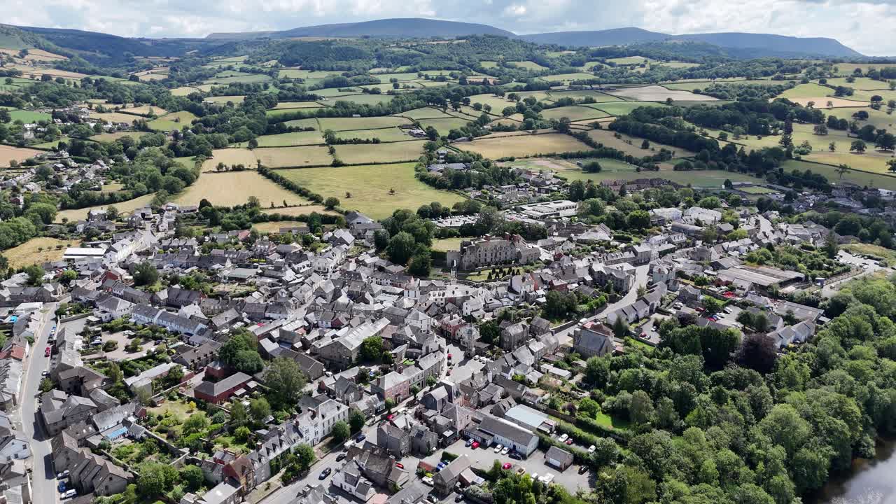Hay on Wye Wales UK establishing aerial shot high angle