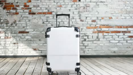 a white suitcase sitting on top of a wooden floor