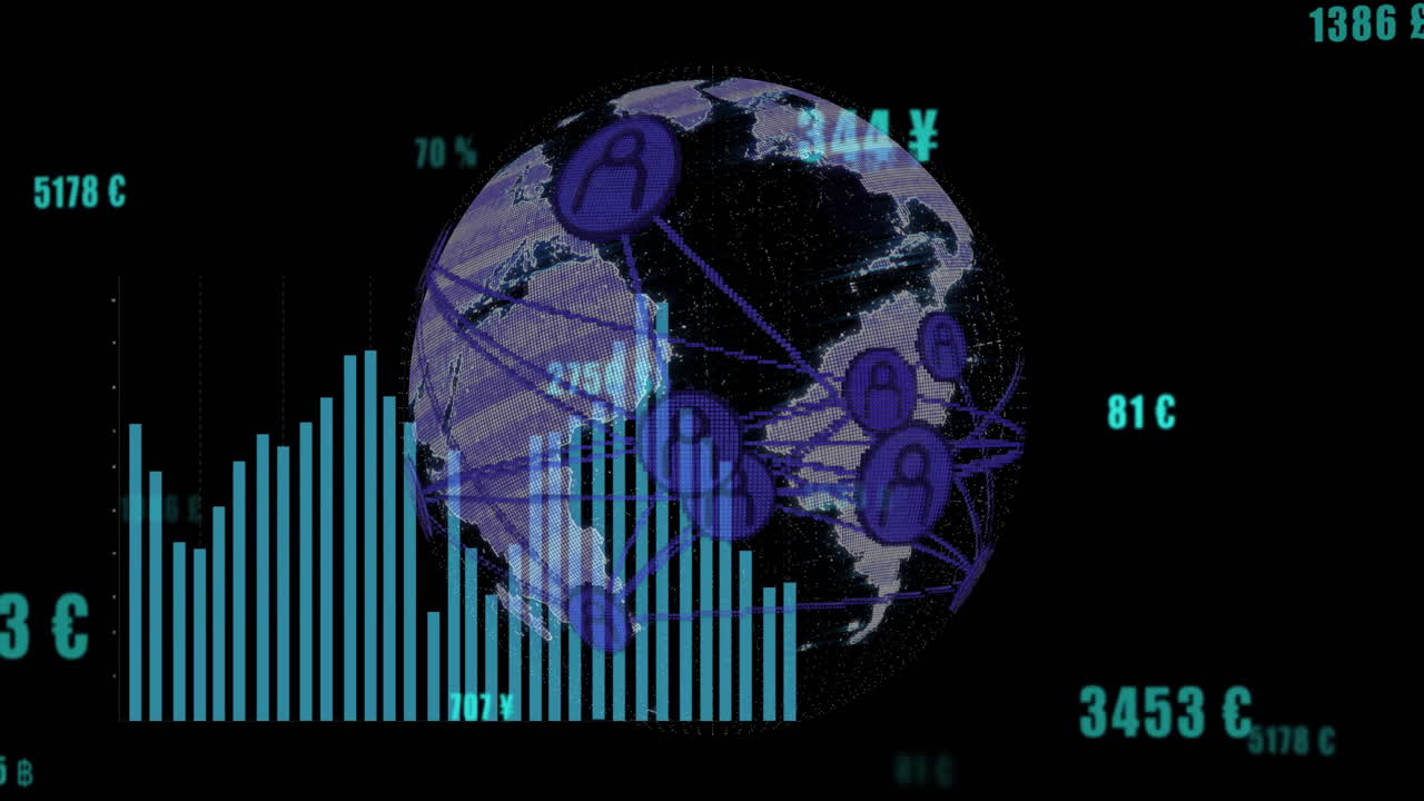 Animation of data processing and globe on black background