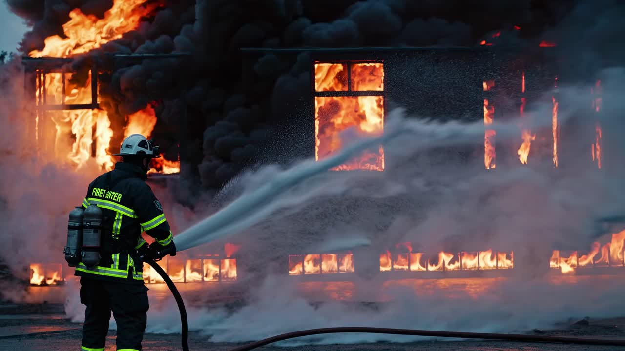 Un bombero lucha contra las intensas llamas que envuelven un edificio, captado desde un ángulo de cámara bajo