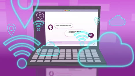 animación de iconos de aplicaciones en el chat con ai en la computadora portátil contra un fondo abstracto