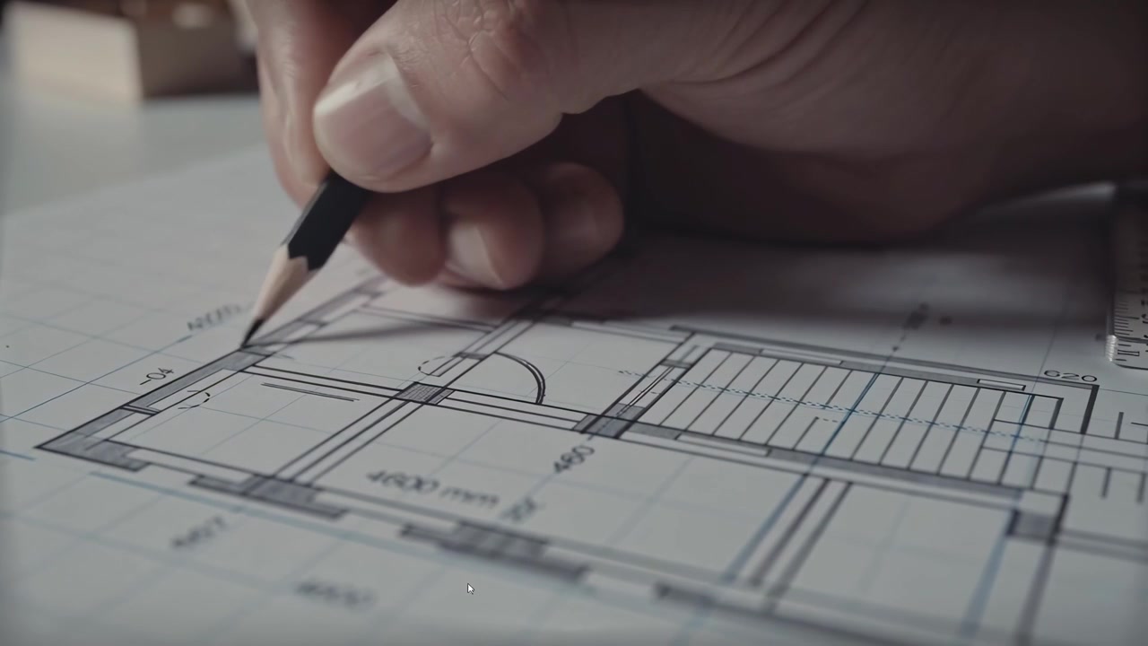 Close-up da Mão de um Arquiteto Desenhando uma Planta Baixa