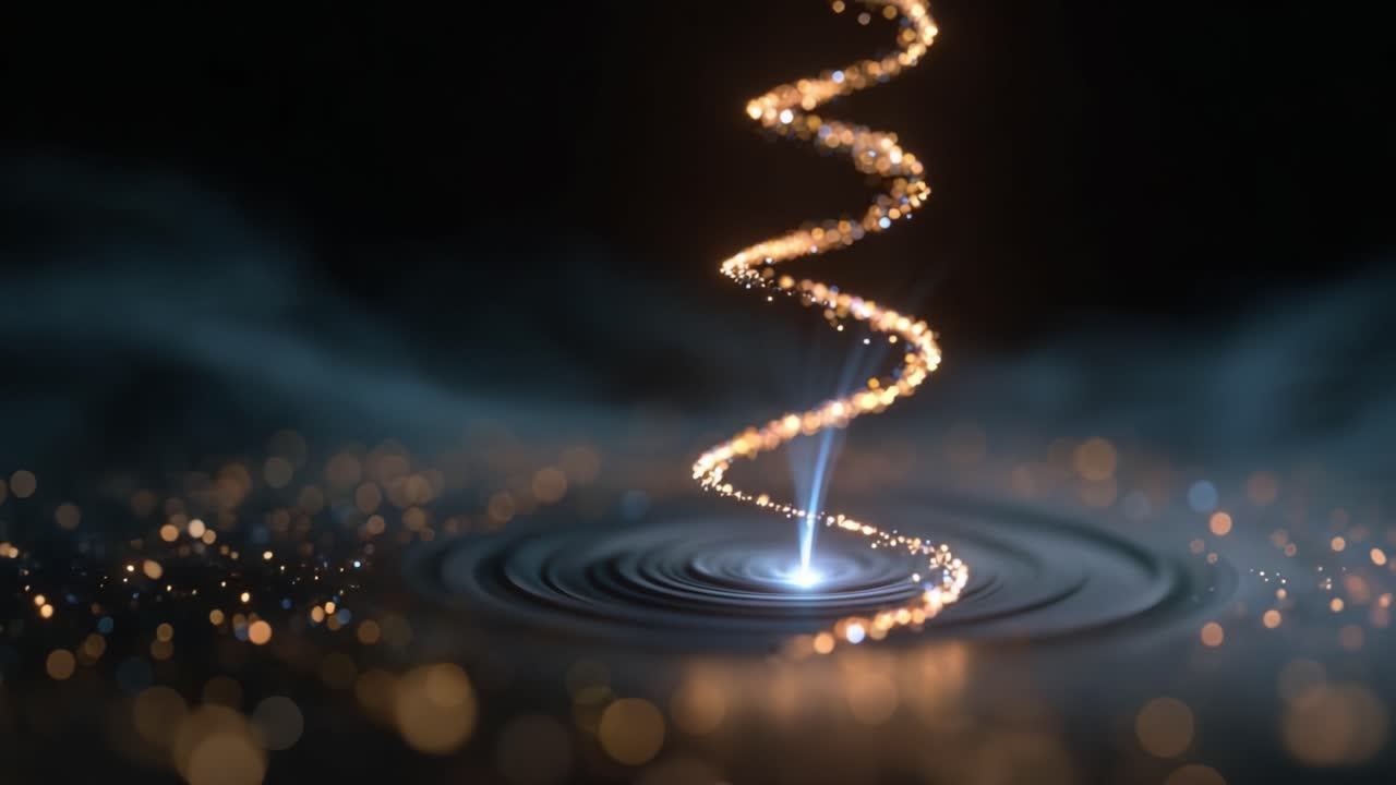 Uma espiral hipnotizante de luz e partículas brilhantes emerge de uma superfície tranquila, criando um visual encantador de energia dinâmica e movimento fluido
