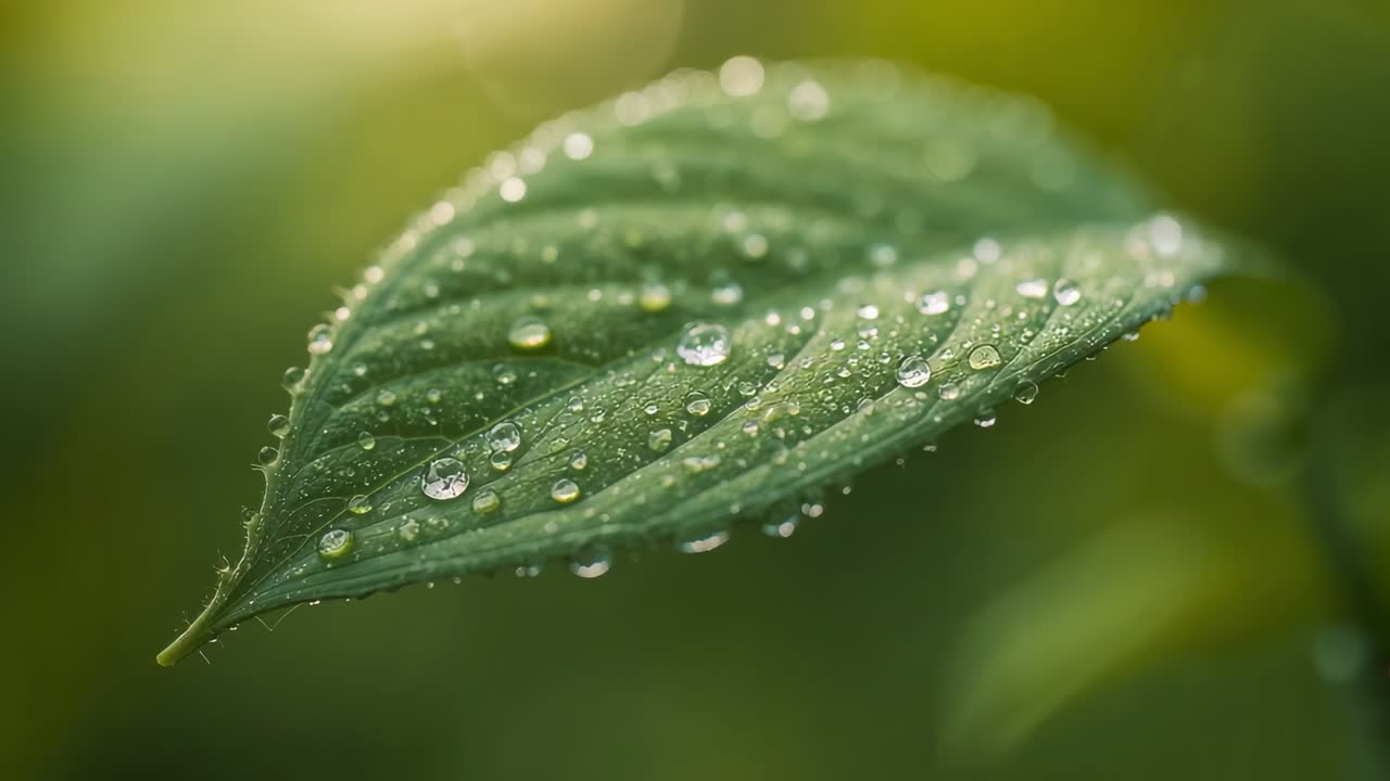 Collecting rainwater after rain, single green leaf revealing droplets in garden, with thin stem