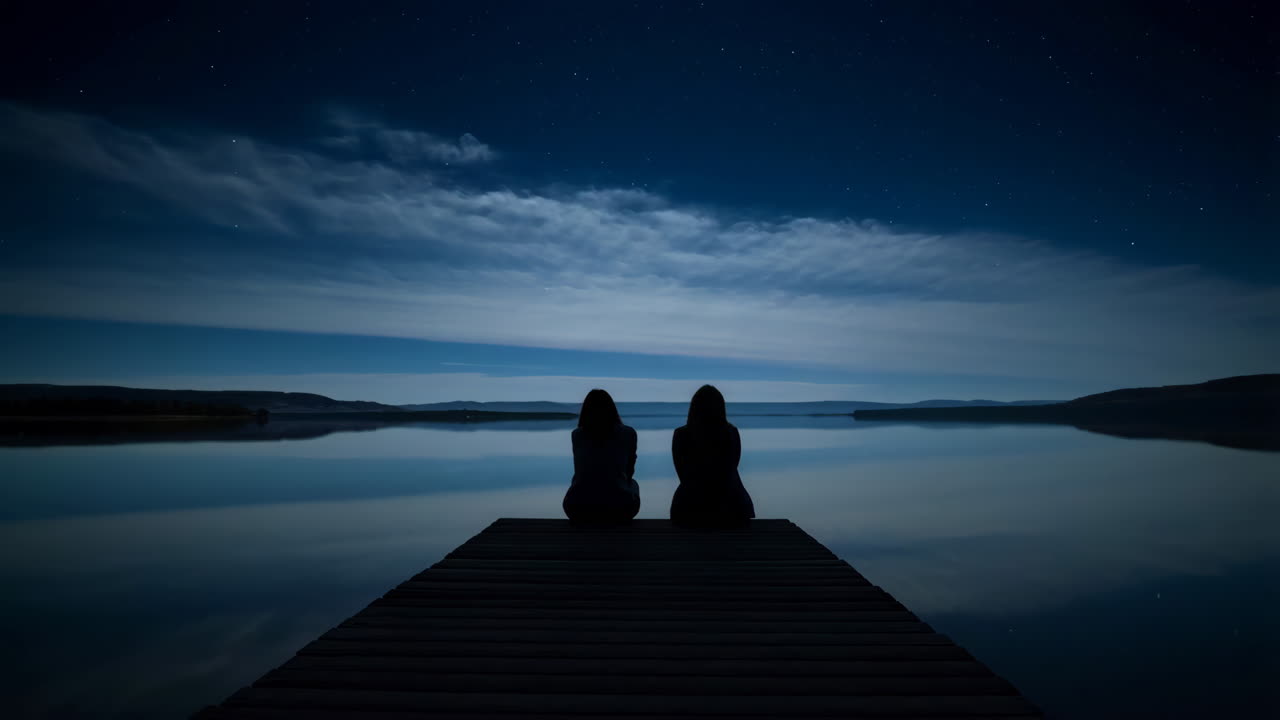 Two people silhouetted on a dock under a starry night sky with a lake reflection