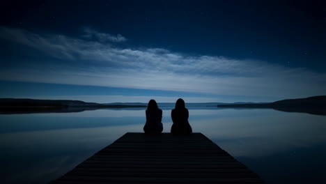 two people silhouetted on a dock under a starry night sky with a lake reflection