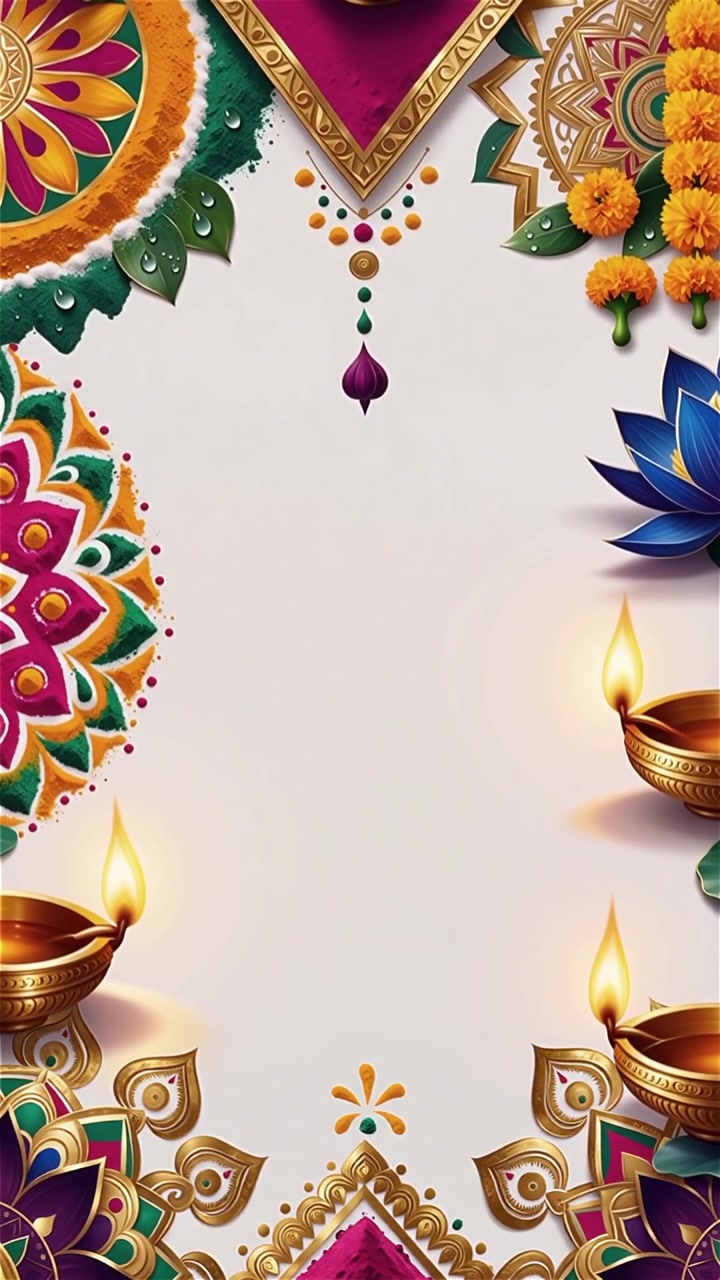 Sfondo Diwali con Diyas luminosi, Rangoli e fiori di loto