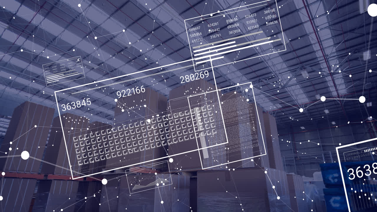 Animation of changing numbers, loading squares, connected dote over cardboard boxes in warehouse