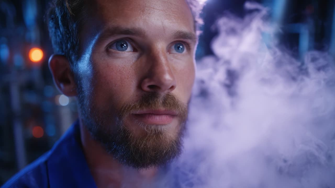 A contemplative individual with striking blue eyes, enveloped in swirling mist, gazes into the distance, reflecting a moment of introspection amidst a technologically enriched environment