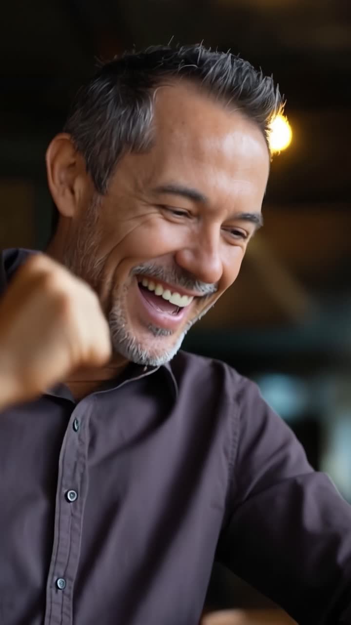 Un uomo sorride calorosamente, occhi chiusi, mano stretta per la gioia. Indossa una camicia scura, barba grigia e capelli grigi. Luci bokeh soffuse brillano dietro di lui, caldamente illuminate. La sua gioia sembra autentica, spontanea, celebrativa