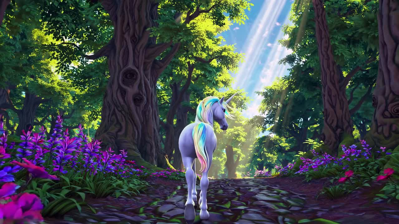 A whimsical video scene of a unicorn walking through a vibrant forest, captured from a low-angle