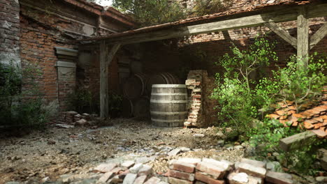 un edificio de ladrillo en ruinas con barriles y crecimiento excesivo