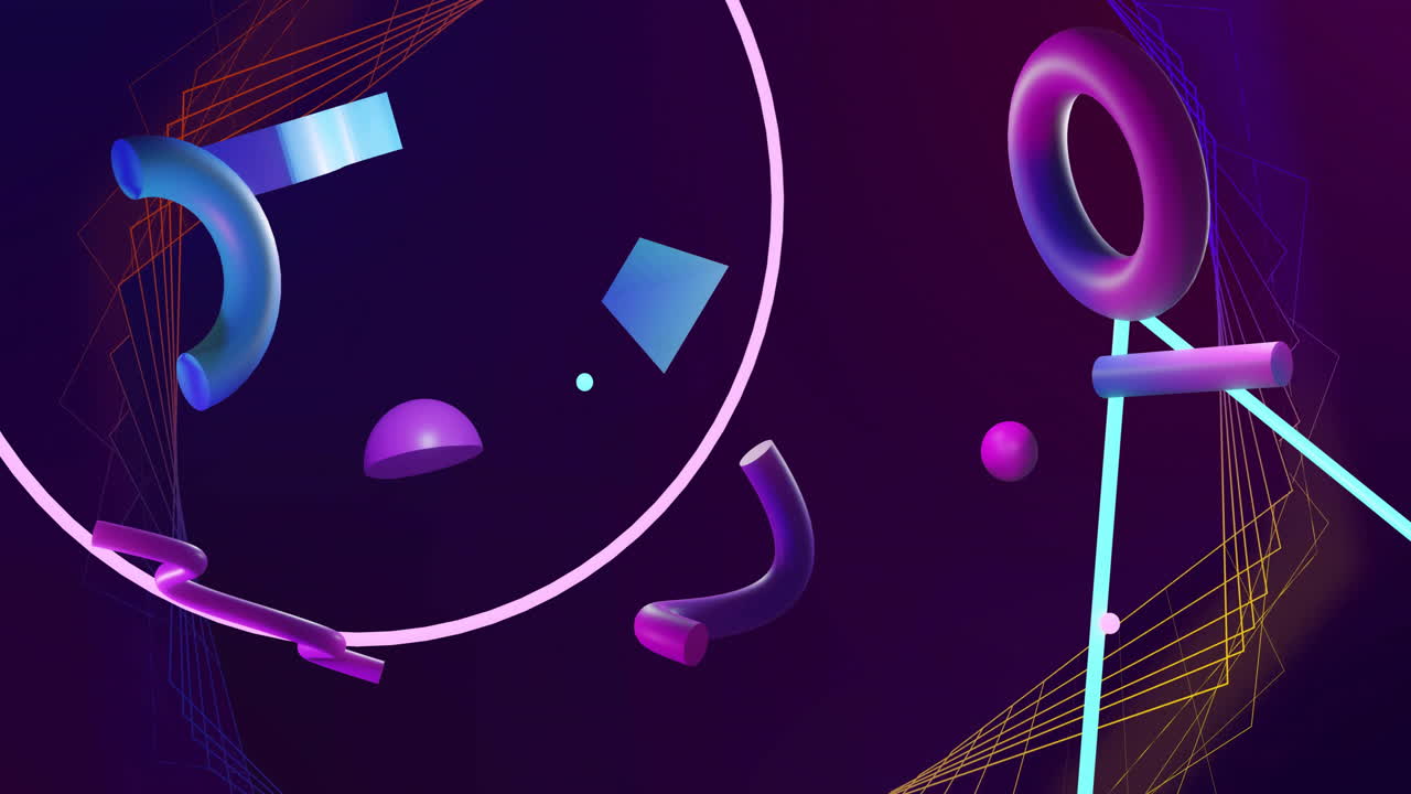 Animation of 3d blue and purple shapes rotating over triangle, ring and network on dark background