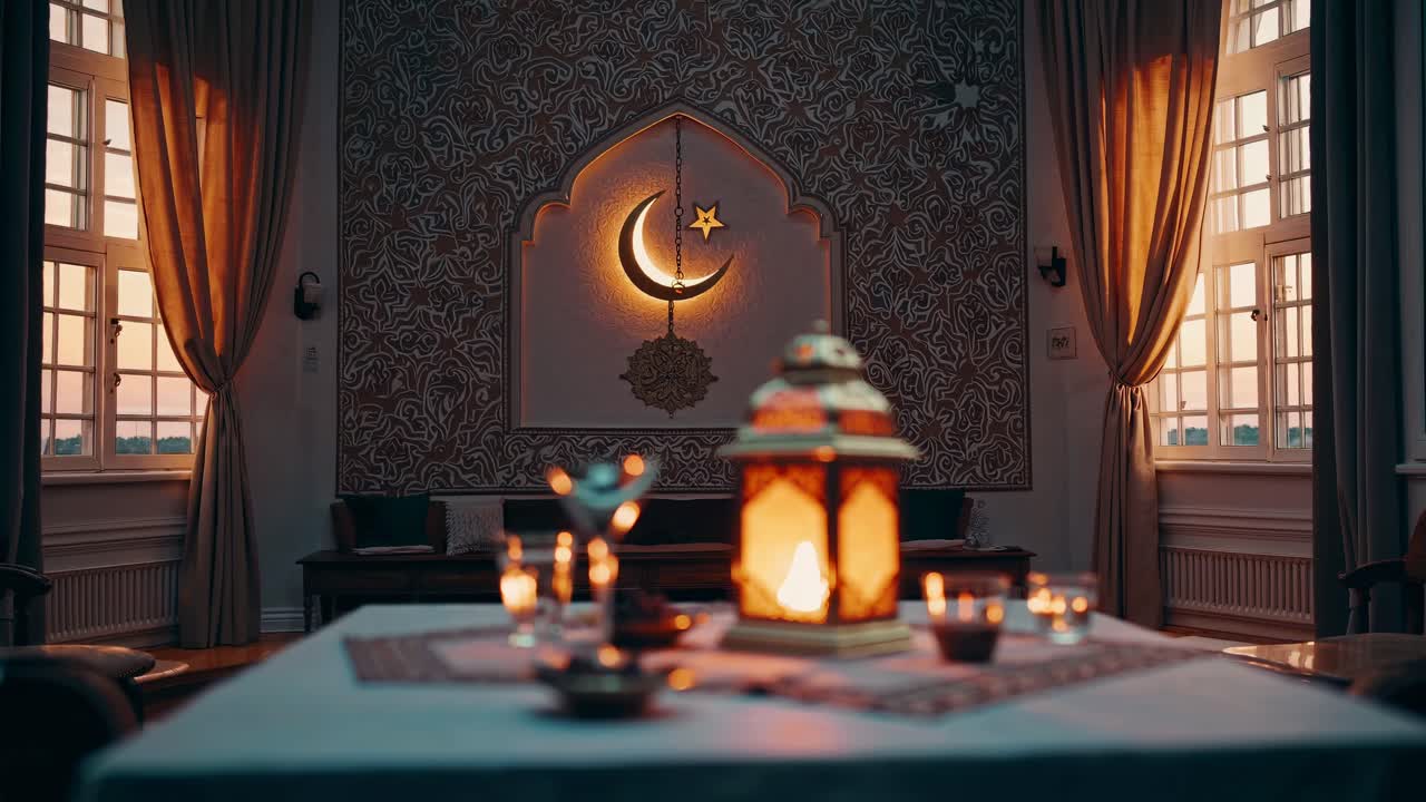 Stanza accogliente e invitante con candele e lanterne, decorazione da parete a forma di mezzaluna