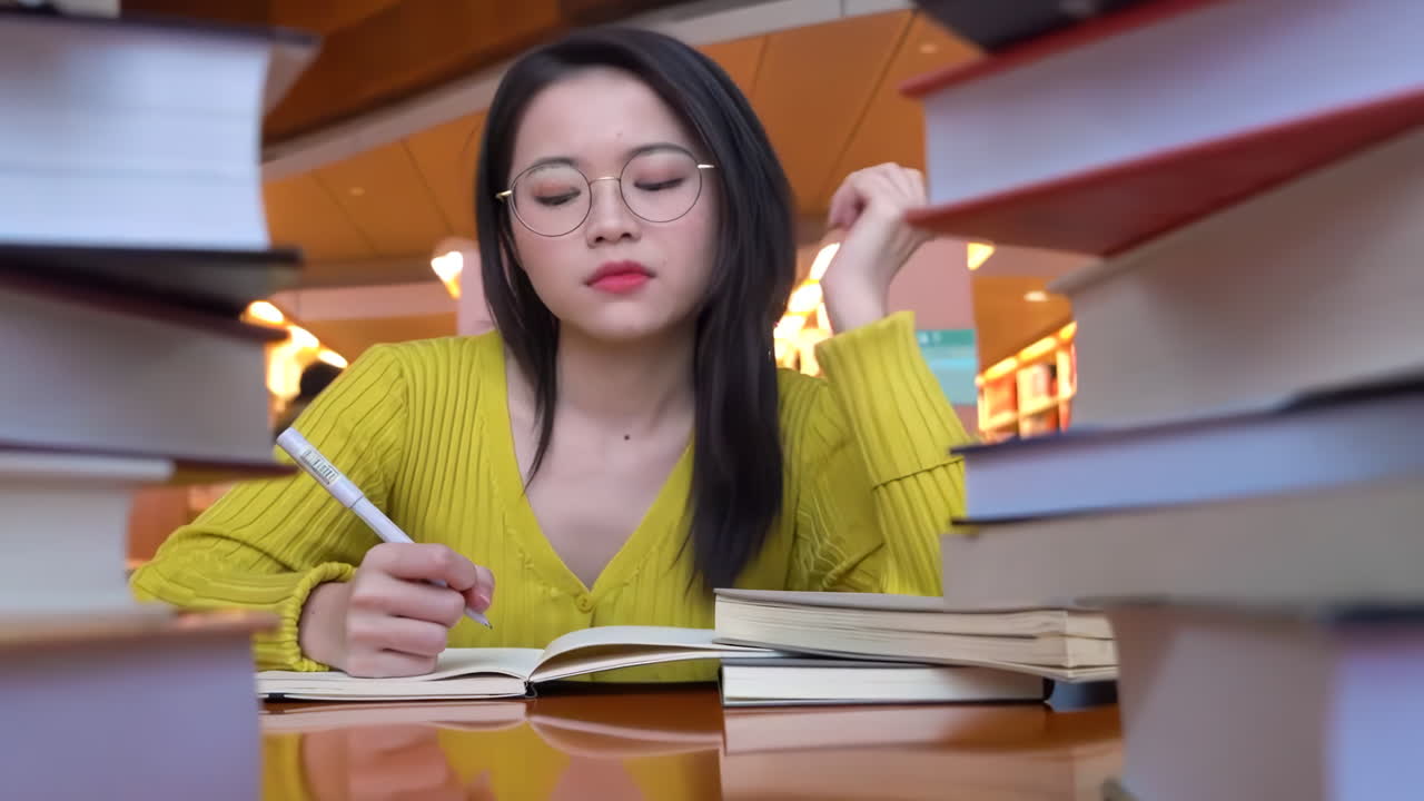 지친 젊은 여자가 앉아있고, 스트레스를 받고, 바고, 열심히 일하는 학생, 모든 기한에 대처하고, 시간이 부족하고, 숙제에 대해 걱정하고, 손으로 머리를 만지고, 과제를 수행하여 지쳤습니다.