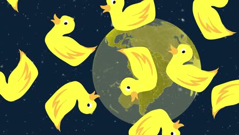 animación de iconos de patos y nieve cayendo sobre el globo sobre un fondo negro
