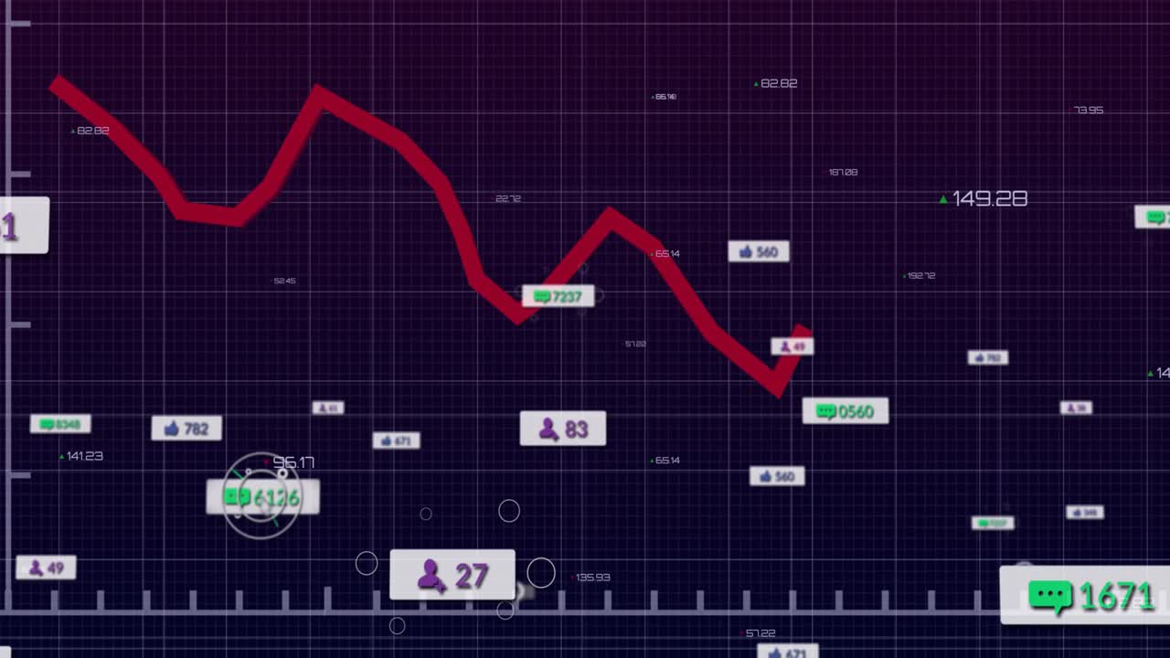Red zigzag line rising on dark purple dashboard grid, showing green chat bubbles, purple user icons