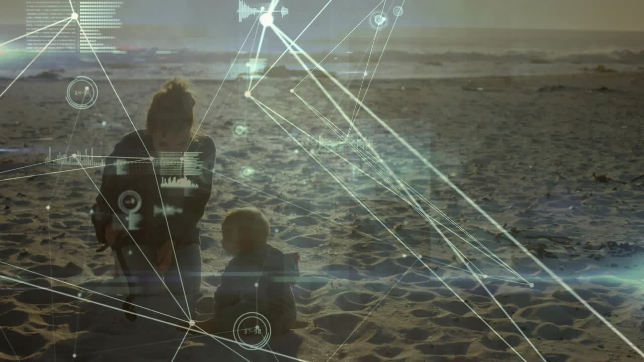 Mom approaching, crouching beside child on beach, HUD tech lines overlaying subjects, helping child