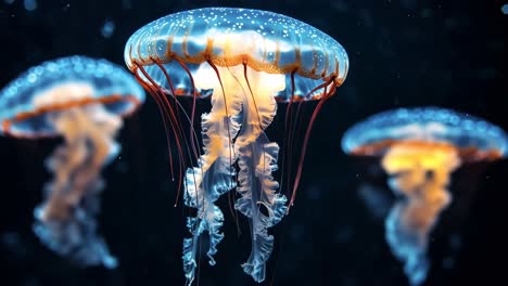 jellyfish glide in dark water. colorful jellyfish float gracefully in dark water, softly glowing and illuminating their tranquil ocean surroundings.