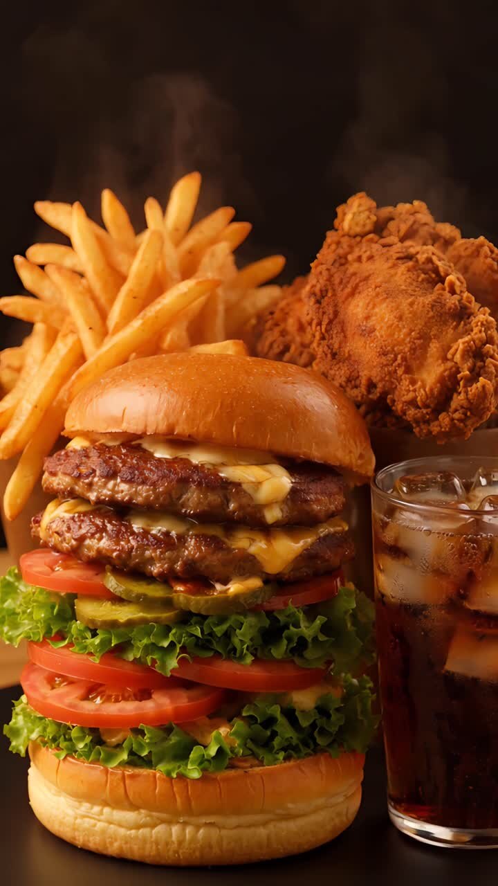 Burger 4K Fast Food with Crispy Fried Chicken and French Fries Cinematic Background