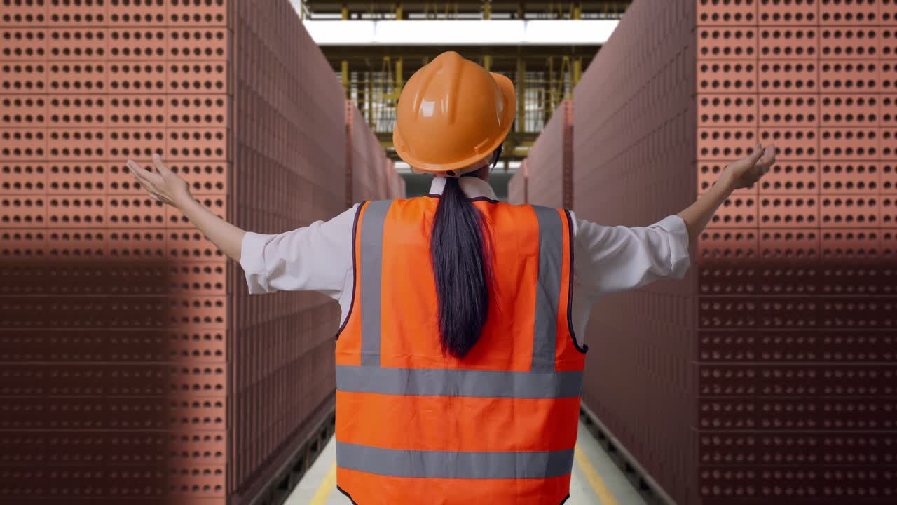 Back View Of A Female Engineer With Safety Helmet Spreading Arms While Standing With Red Brick Packed in Stacks Are Stored