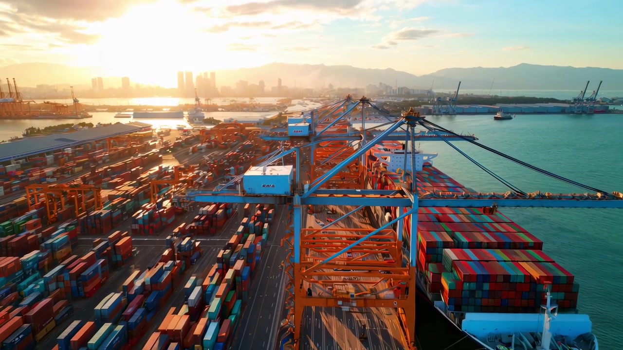Aerial View of Container Ship Loading at Busy Port During Golden Hour