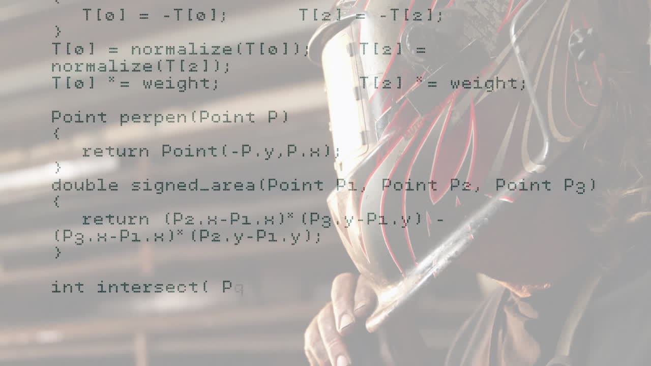 Welder wearing helmet grinding metal in industrial workshop, displaying vector code overlay