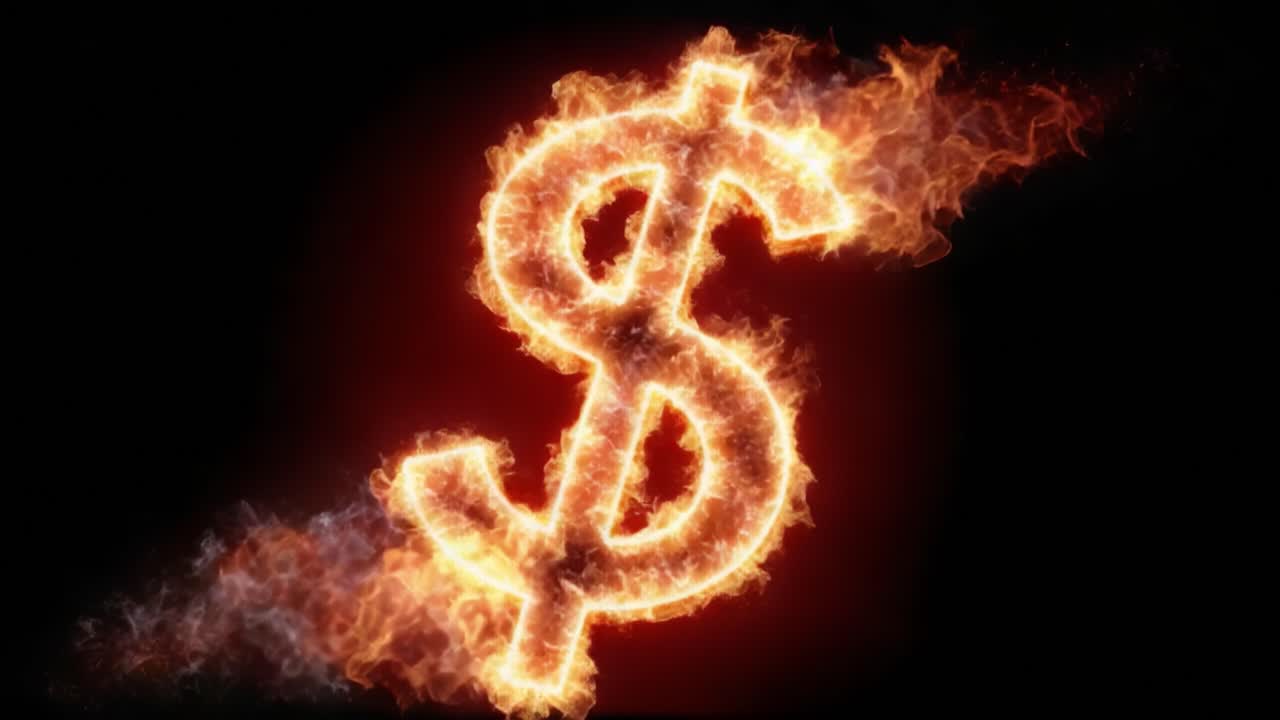 Dynamic Flames Surrounding Dollar Sign: A Fiery Representation of Wealth and Economy in Motion, Capturing the Essence of Financial Power and Ambition