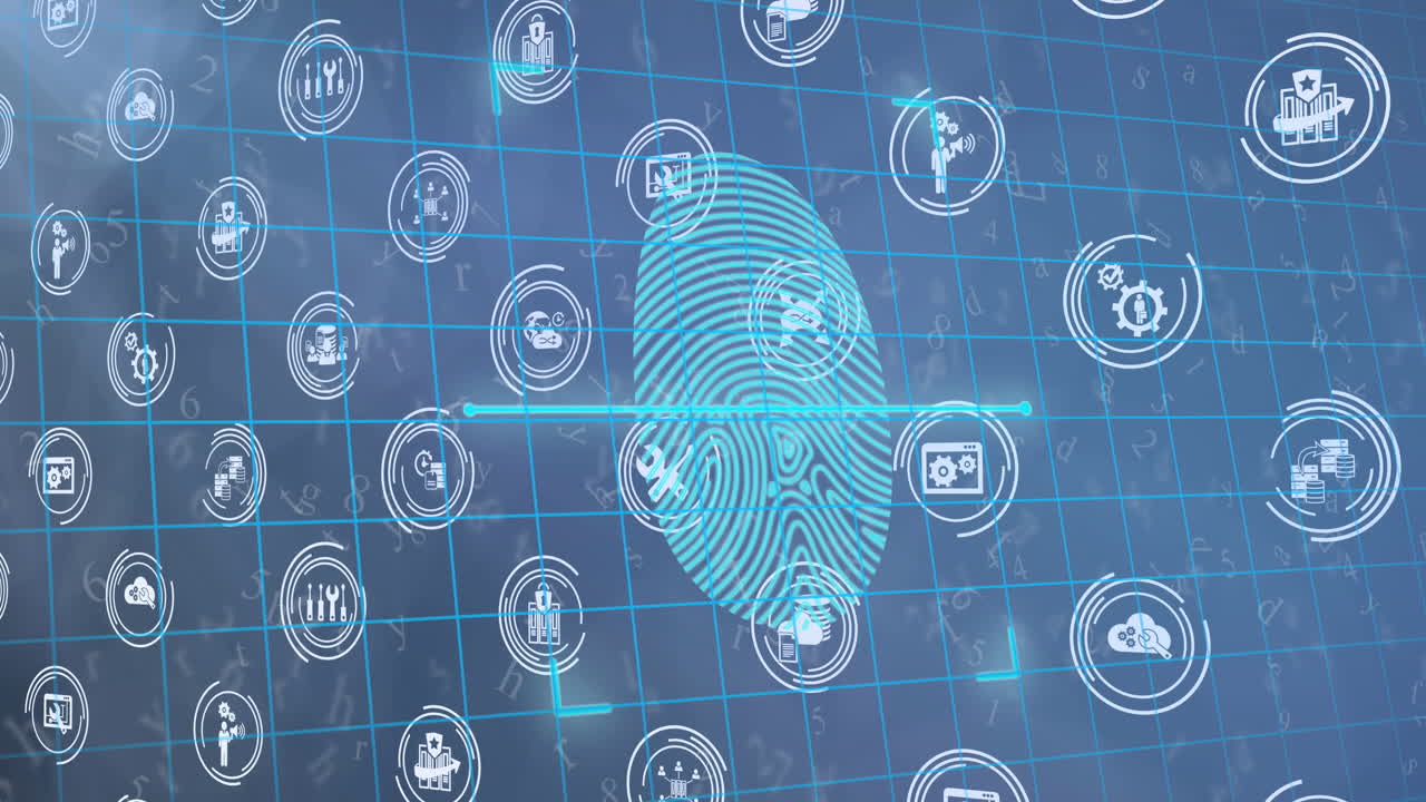 Animation of multiple digital icons with biometric fingerprint on blue background
