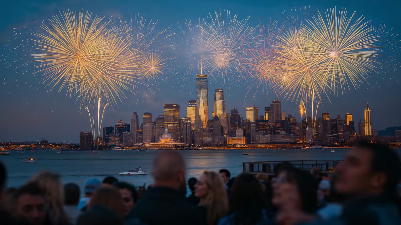 Countdown finishing, fireworks launching over skyline, crowd watching waterfront wearing jackets