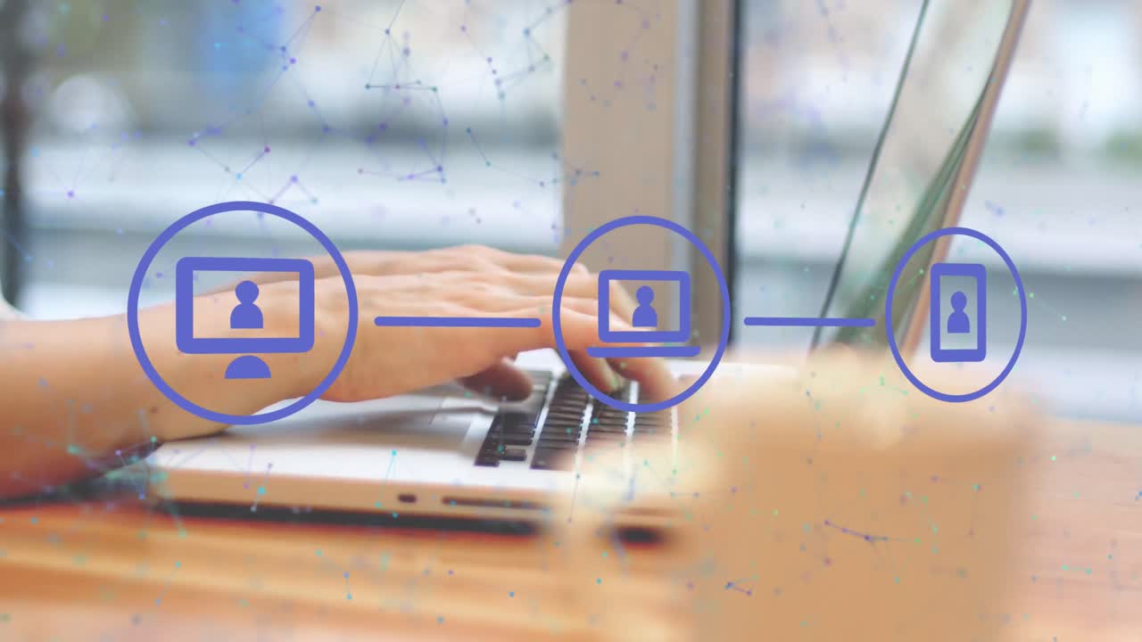 animación de iconos y puntos conectados por líneas sobre las manos recortadas de un hombre caucásico usando una computadora portátil