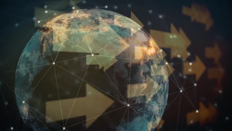 animatie van pijlen, cijfers en een wereldbol die in een zwarte ruimte draait