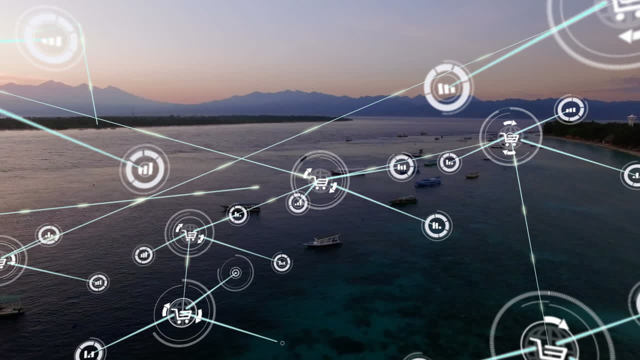 animación de la red de conexiones con iconos sobre el paisaje