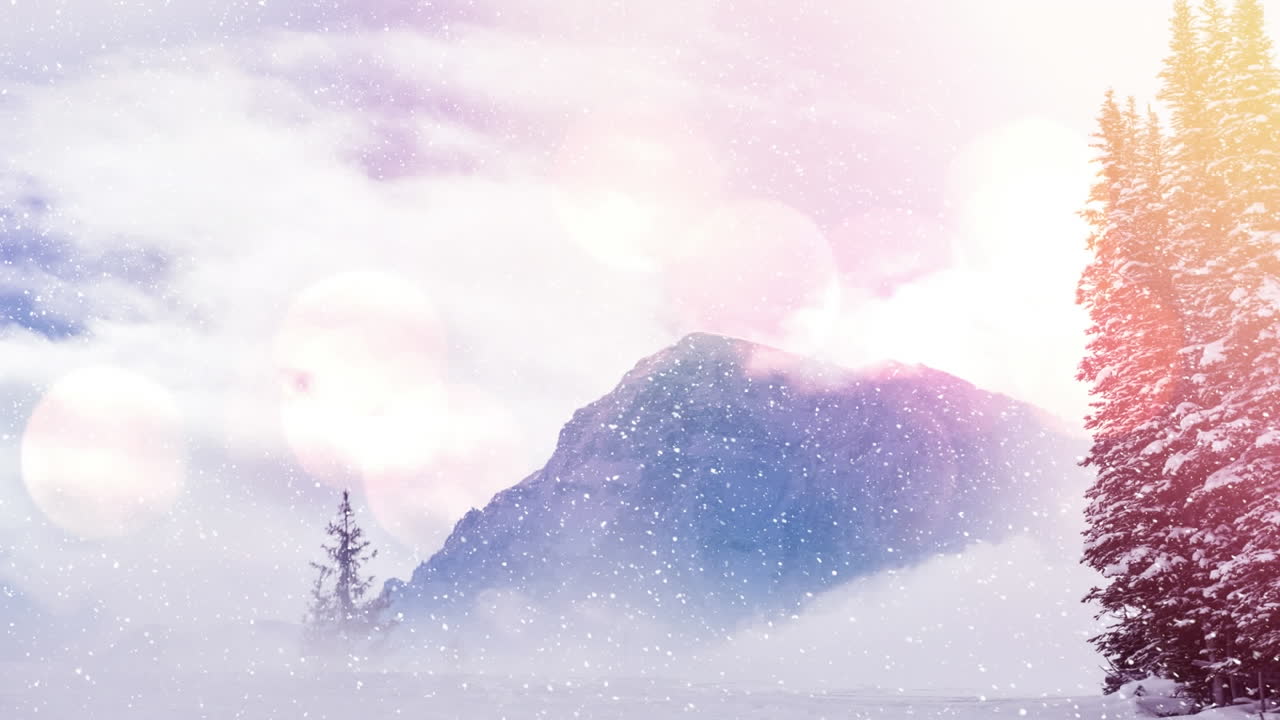 나무 와 산 들 이 있는 겨울 풍경 에 빛 과 눈 이 떨어지는 반점 들