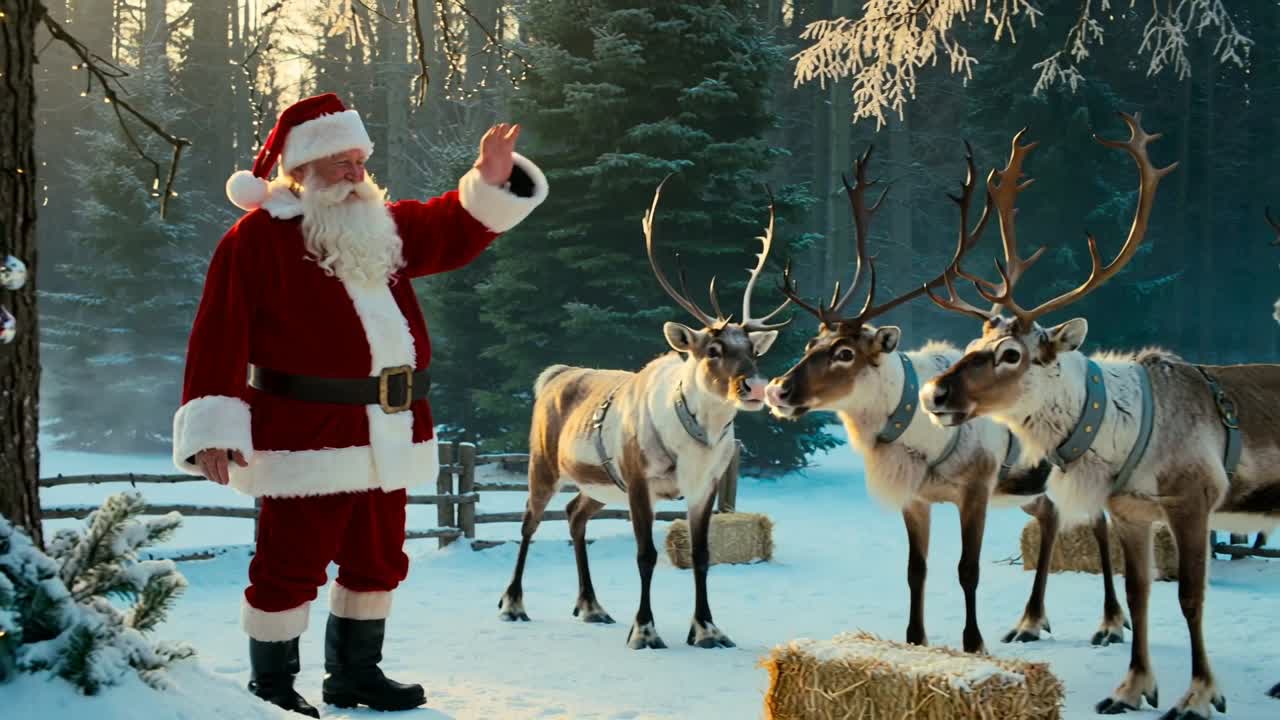 Waving silver-haired Santa leading reindeer to feed on hay bale in forest clearing, copy space
