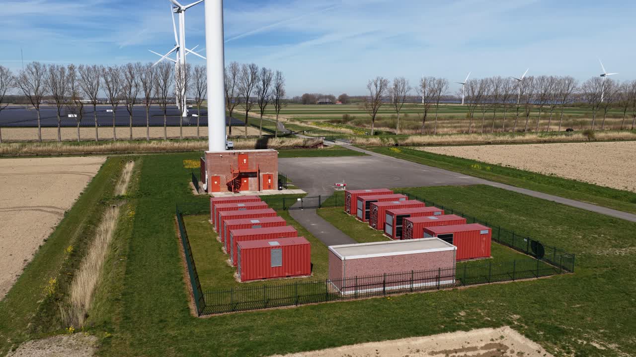 Video aereo con drone di un parco di accumulo batterie presso un sito di energia eolica e solare, che mostra l'accumulo di elettricità, il bilanciamento della rete, la riduzione della congestione della rete e la transizione energetica pulita.