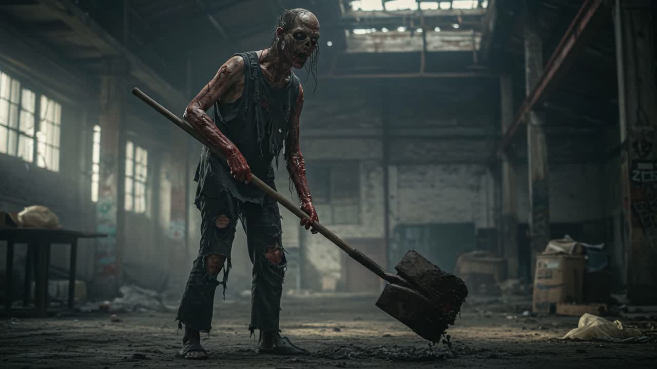A Grim Figure Wielding a Shovel in a Dimly Lit Abandoned Warehouse, Capturing the Eerie Atmosphere of Desolation and Darkness in the Shadows
