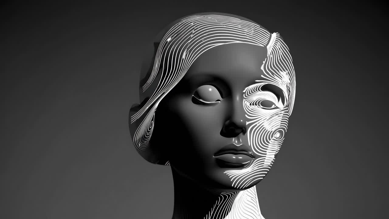 AI powered female profile emerging from interconnected digital lines, blending technological complexity with human organic form and neural network aesthetics