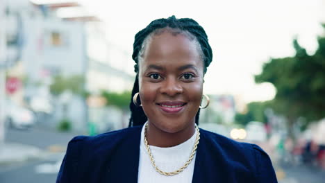 city street, smile and portrait of black woman