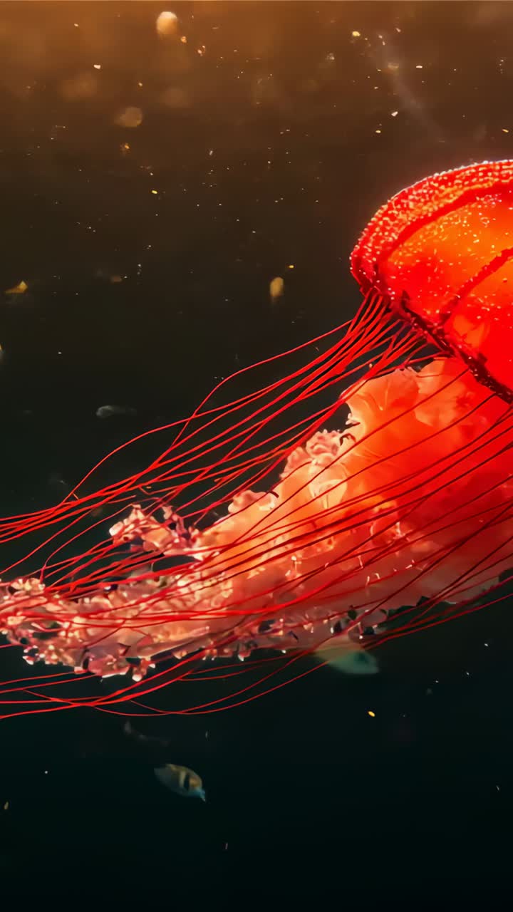 Vertical video: Overhead light glowing bell, drifting red jellyfish pulsing in dark tank with fish