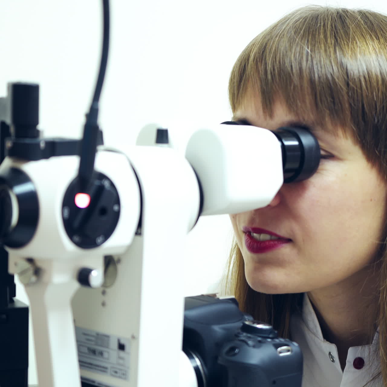Female doctor checking patient's eyes. Medical ophthalmic device for eye examination. Optometrist diagnoses eyes by biomicroscope in clinic.