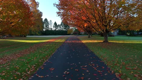 long driveway towards large american home in autumn