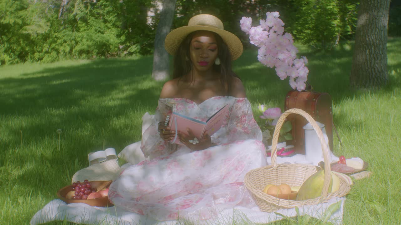 mujer negra escribiendo pasar página en el parque en una manta de picnic