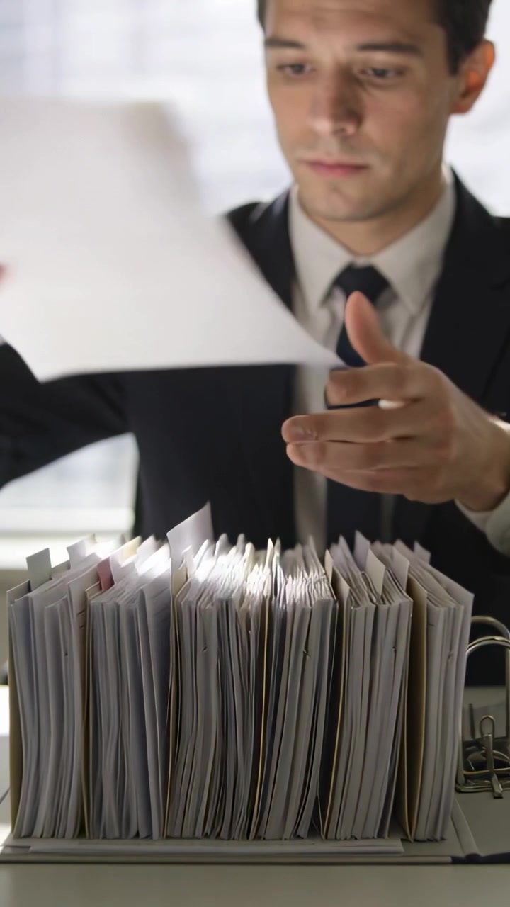 Vertical video: Sorting man in suit flipping and scanning papers at office desk into file organizer