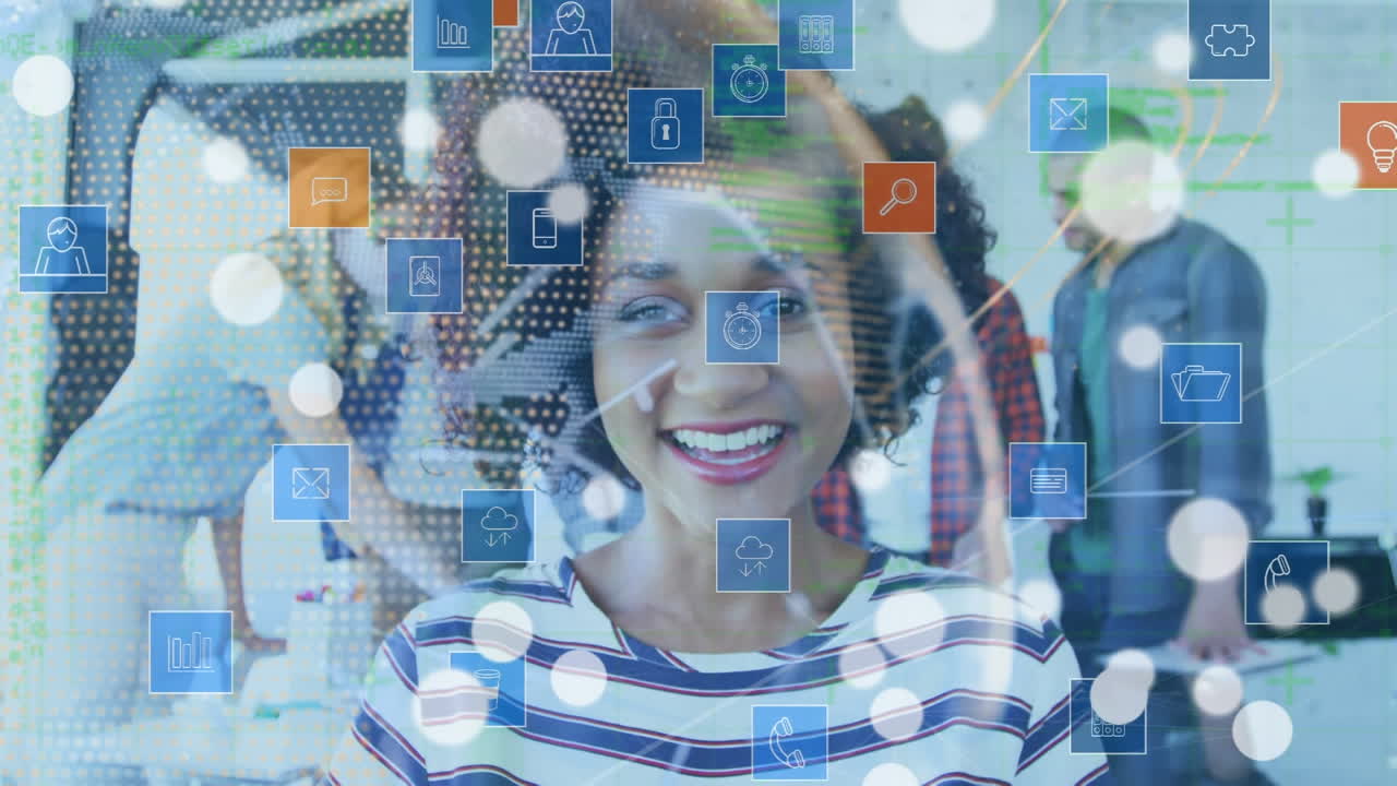 Animation of globe of connections over happy businesswoman