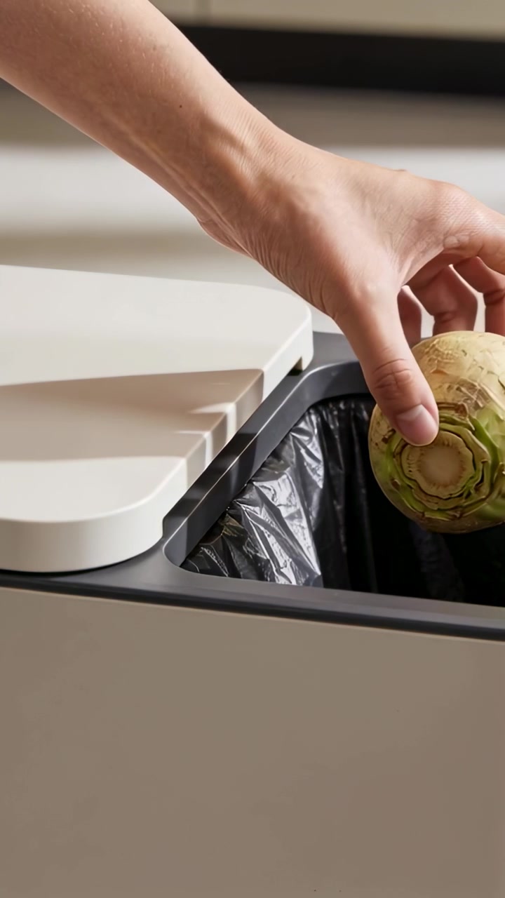 Vertical video: Entering frame, bare arm discarding turnip into kitchen bin, white lid, black liner
